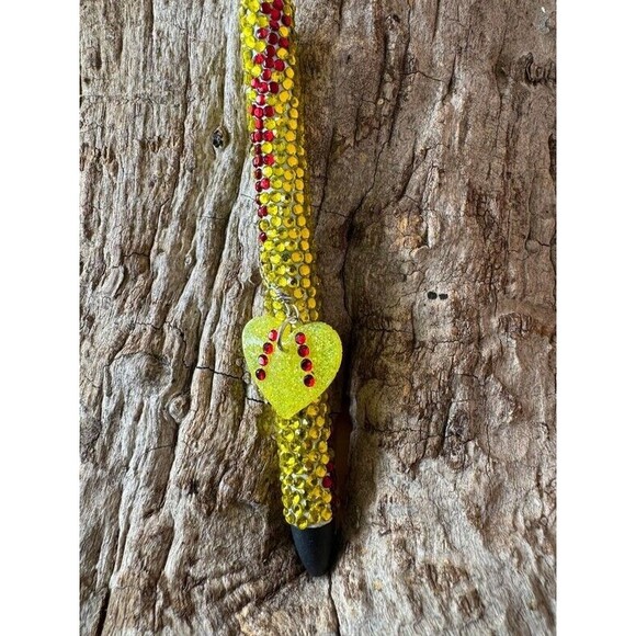 Softball Gel Pen Yellow- Red Rhinestones w/Resin Heart Charm Black Ink - Picture 1 of 3